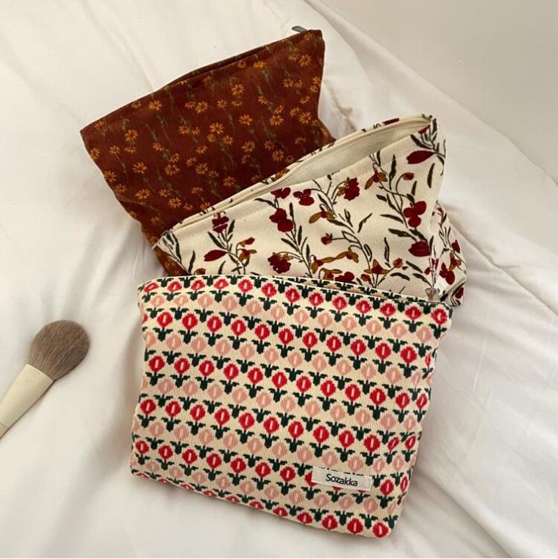 Lkblock Corduroy Make Up Organizer Clutch Bag Retro Flower Print Cosmetic Bag Wash Bag Women Travel Cosmetic Pouch Beauty Storage Cases