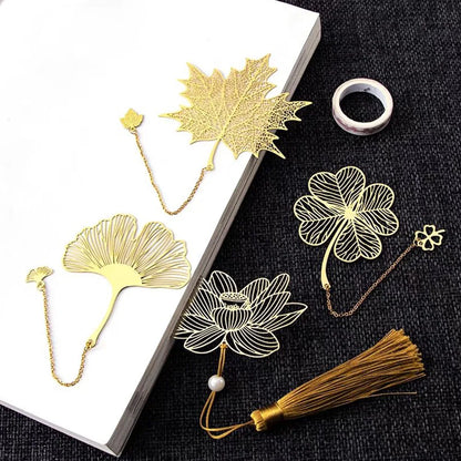 eybag Exquisite Hollow Metal Bookmarks Gold Color Leaf Vein Lotus Shape Book Marks With Tassel Stationery Student Reading Supplies