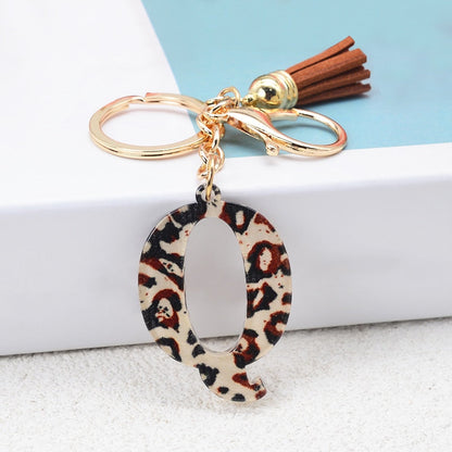 Lkblock Fashion Acrylic Leopard Letter Keychain With Tassel Fashion Couple 26 A-Z Initial Letter Pendant With Key Ring For Women Bag