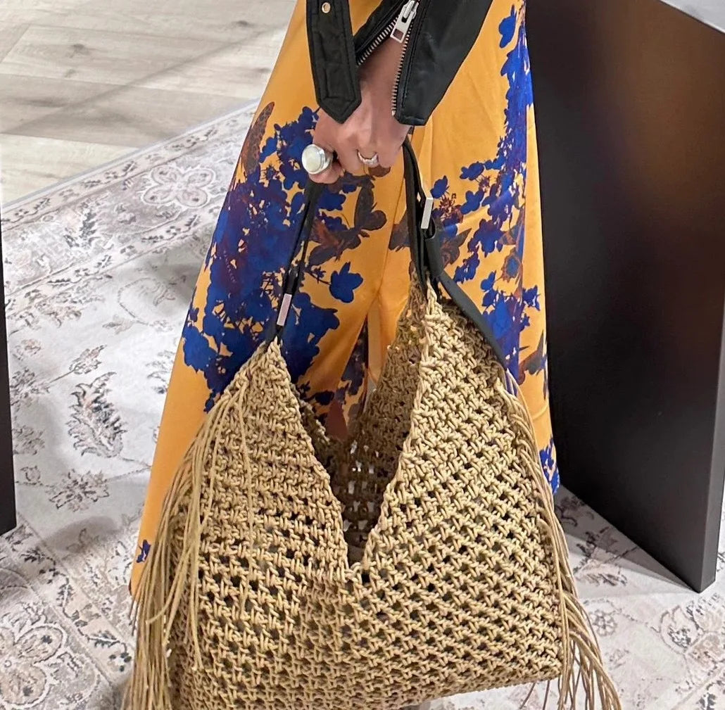 eybag Rope Tassel Crochet Shoulder Bag Luxury Hollow Knitting Women Designer Handbags Handmade Woven Tote Bohemian Travel Beach Bags