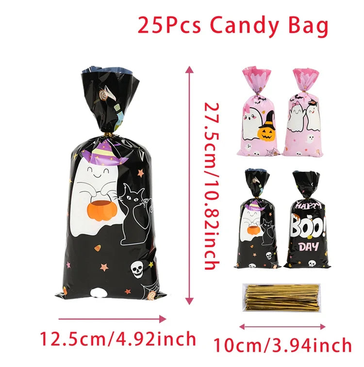 eybag 50Pcs Halloween Candy Bag Pumpkin Skull Bat Plastic Bags Happy Halloween Party Supplies Cookie Packaging Halloween Party Decors