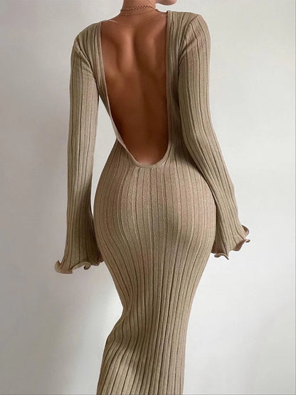 eybag Elegant Ruffles Knitted Long Dress for Women Sexy O-neck Backless Bodycon Holidays Party Dress Autumn Long Sleeve Knitwear 2024