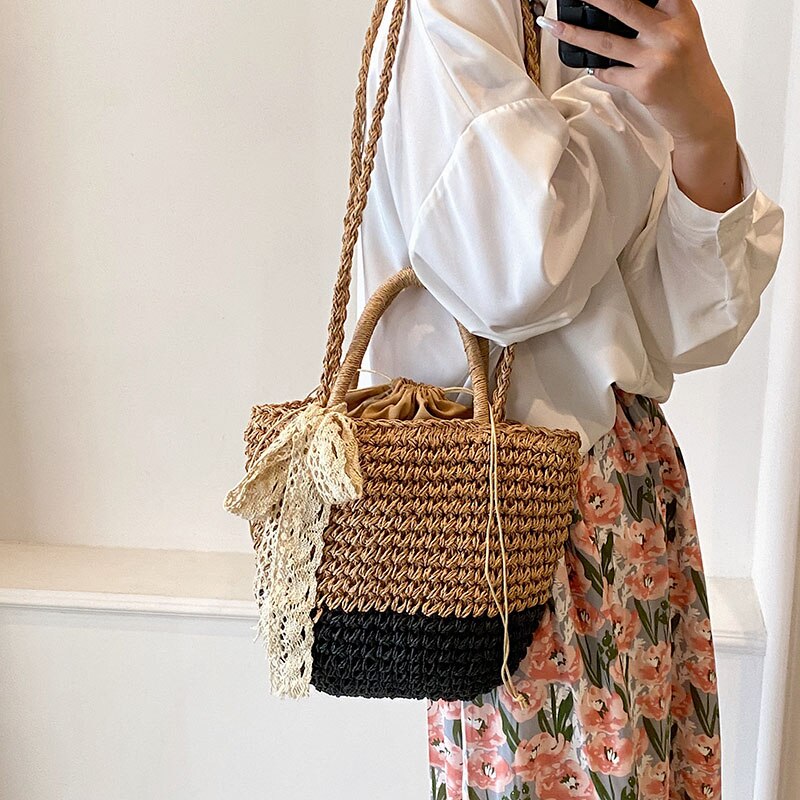 eybag New Straw Woven Bag Fashion Silk Scarf Women's Shoulder Crossbody Bag Luxury Trendy Woven Handbags for Female Handbag 2023