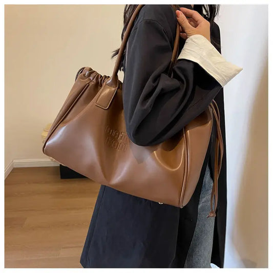 eybag Vintage Brown Tote Bag Women Retro Pu Leather Large Capacity Handbag Female Harajuku Casual Shoulder Bag Luxury Design