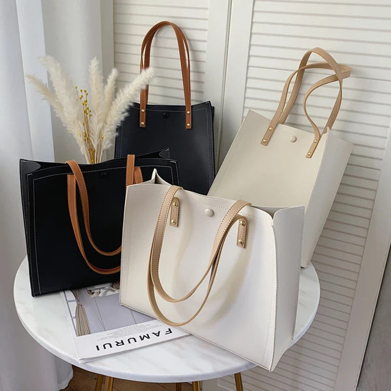 eybag Toptrends 2 Pcs/Set Large Shoulder Tote Bags For Women Trend Designer Shopper PU Leather Ladies Work Handbags Beige Black