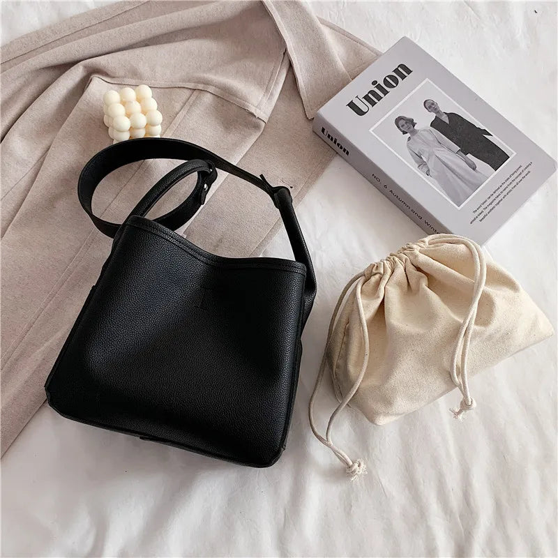 Lkblock Korean style women bucket bags Casual pu leather Female Shoulder Bag for female Solid color totes bolsa Ladies big handbag