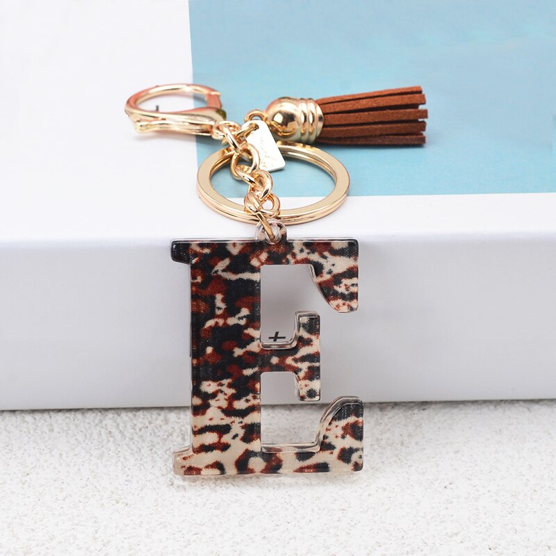 Lkblock Fashion Acrylic Leopard Letter Keychain With Tassel Fashion Couple 26 A-Z Initial Letter Pendant With Key Ring For Women Bag