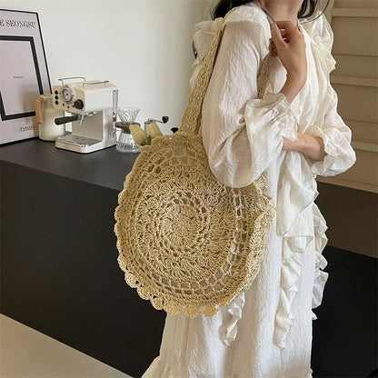 eybag Zipper Models French Straw Woven Circular Women's Shoulder Bag 2024 Hot Sale Large Capacity Handmade Straw Vacation Beach Bag