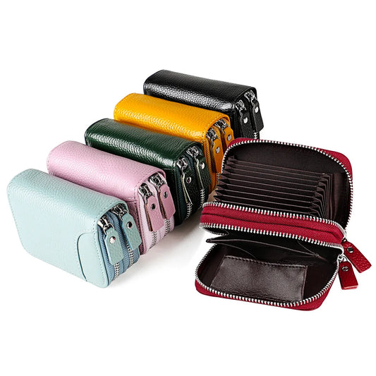 eybag New Double Zipper Short Women's Wallets Japanese Style Multi Slots Cow Leather Card Holder with RFID Blocking Female Coin Purse