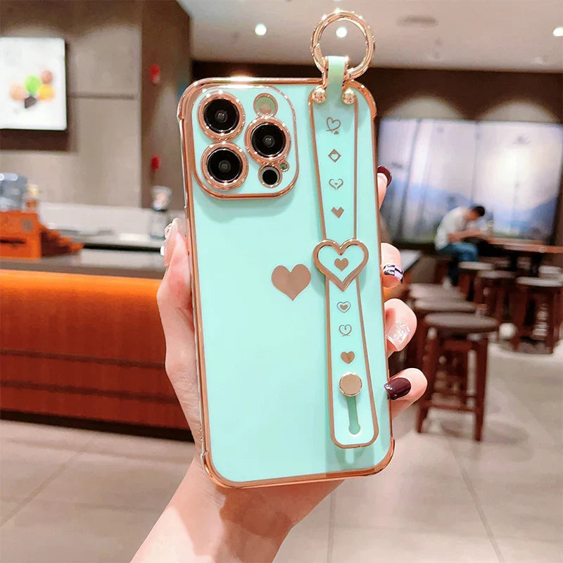 eybag New Electroplated Solid + Love Wrist Strap Mobile Phone Case For iPhone 11/12/13/14/15 Pro Max Apple Series Phone Cases