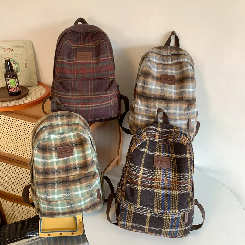 eybag Vintage Plaid Woollen Cloth Women's Backpack Student Book Backpacks for Teenage Girls School Bags Large CapacityTravel Rucksack