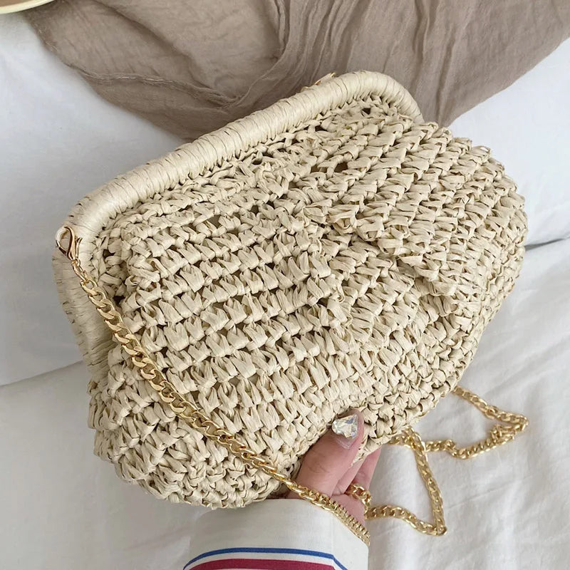 eybag Summer Fashion Women All-match Clutch Sense Of Straw Weave Wallet Bags Ladies Chain Shoulder Bags Hot Pink Crossbody Bags