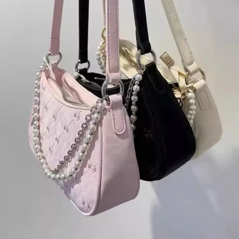 eybag Pink Womens Shoulder Bag Elegant Cute Bow Pearl Chains Bow Embroidery Handbag Casual Leather Korean Fashion Female Handbag