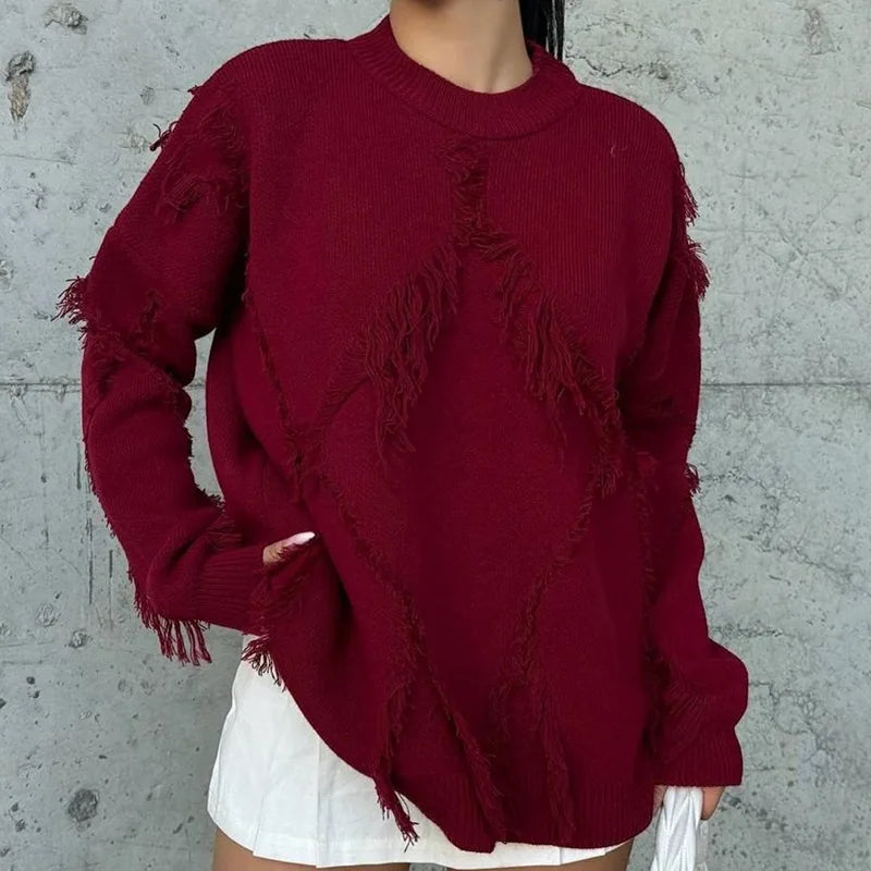 eybag Retro Tassel Oversize Sweater for Women Fashion Hollow Out Long Sleeve Knitted Pullovers Autumn Solid Basical Jumpers 2024