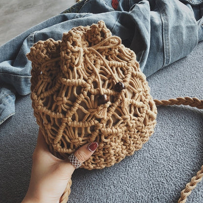 Lkblock Cotton Rope Woven Women's Shoulder Bag Bohemian Handmade Crossbody Bags Knitted Summer Bucket Straw Beach Bag Female Handbags