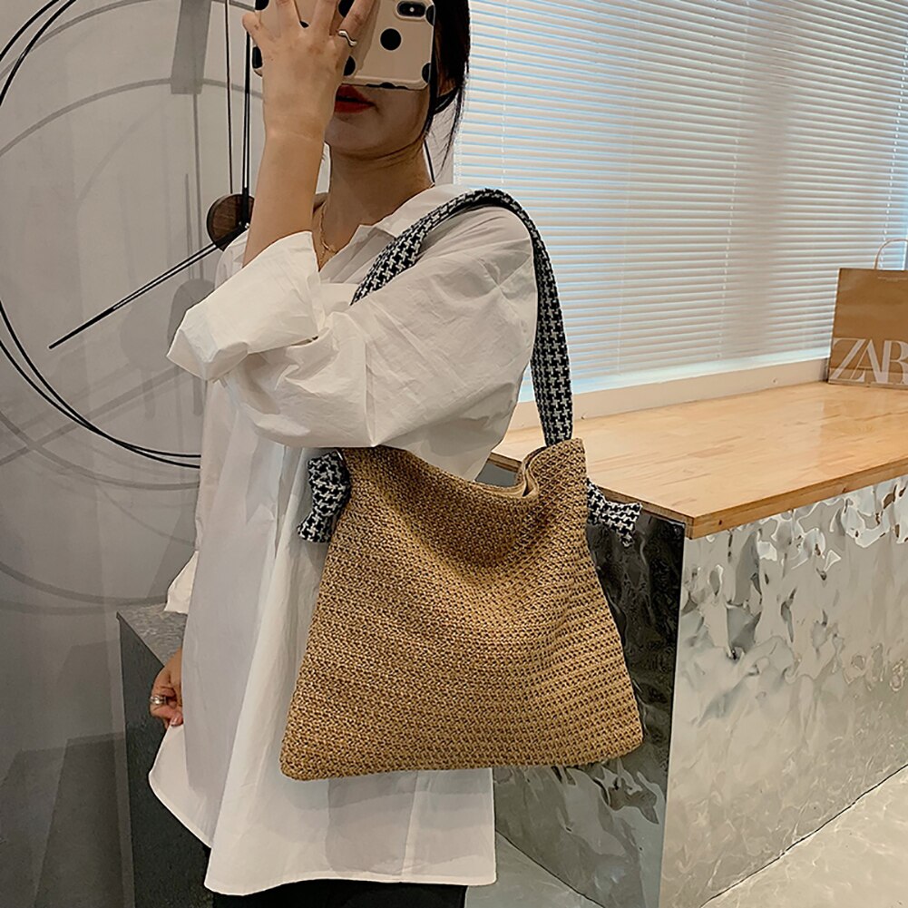 eybag Casual Large Capacity Woven Straw Handbags Summer Handmade Rattan Women Shoulder Bags Beach Vacation Female Shopping Bags Totes