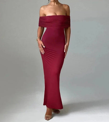 eybag Womens Elegant Slash Neck Backless Bodycon Party Dresses 2024 Summer Off Shoulder Sleeveless Slim Folds Long Evening Prom Dress