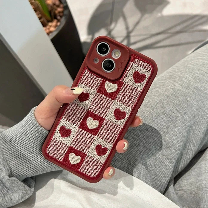 eybag Embroidery Love Heart Plush Phone Case for IPhone 15 14 13 12 11 Pro Max Xs Max XR 7 8 Plus Lens Protection Plaid Tpu Back Cover