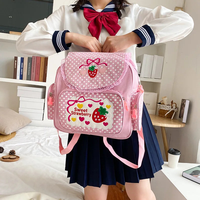 eybag Kawaii Kids School Bag Cute Strawberry Embroidery Dots Student Mochila Multi-Pocket Nylon Fashion Backpack for Teenager Girl