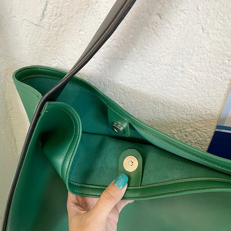 Lkblock Fashion Women Shoulder Bag PU Leather Color Contrast Tote Handbag Simple Casual Bucket Shopping Totes Large Green Female Bags