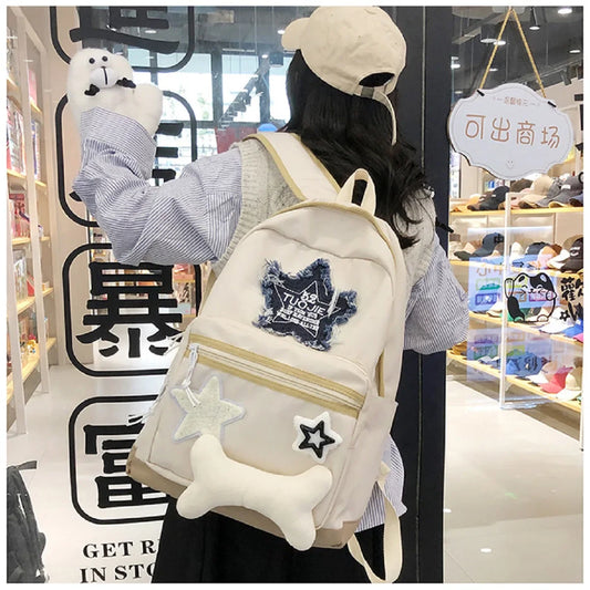 eybag Vintage Fashion Letter Star Patchwork Backpacks Y2k Aesthetic Contrast Color All Match Backpack Sweet Denim Schoolbag