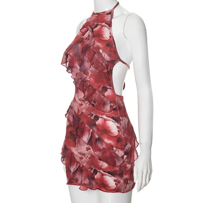 eybag Floral Printing Ruffles Mini Dress Women Sexy Halter Backless Body-Shaping Vacation Dresses 2024 Summer Holiday