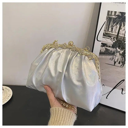 eybag Glitter Laser Women's Leather Cloud Bag 2024 Retro Chain Crossbody Bag Luxury Women's Bag Pleated Dumpling Handbag Party Clutch