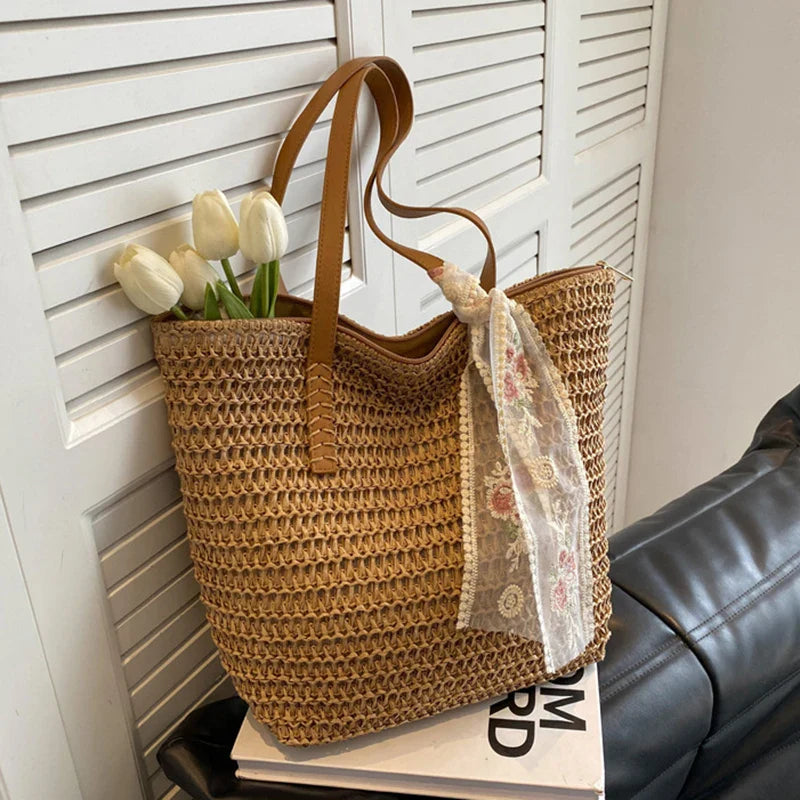 eybag Summer Large Capacity Tote Bag Women Shoulder Bag Handmade Woven Bag Fresh Rural Handheld Grass Woven Women Bag   36.25