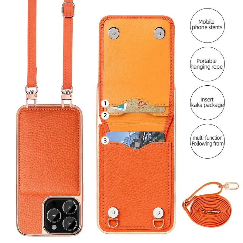 eybag Crossbody Card Slot Holder Phone Case For iphone 15 14 Plus 13 Pro Max Necklace Strap Lanyard Cord Leather Electroplated Cover