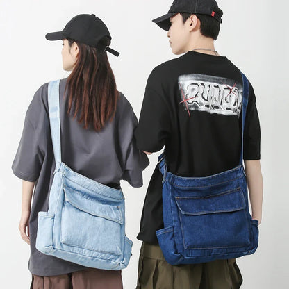 eybag Washed Denim Blue Unisex Shoulder Messenger Bag Women Large Capacity Student Schoolbags Trendy Cool Male Female Crossbody Bag