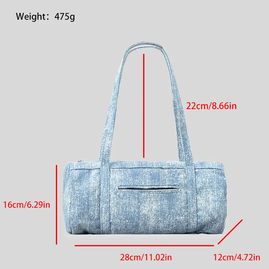 eybag Fashion Sequins Women Shoulder Bags Designer Cylinder Lady Handbags Pillow Shaped Denim Armpit Bag Trend Female Purses 2024