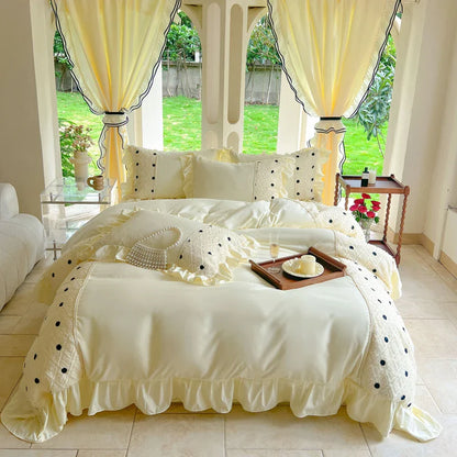 -Korean Princess Style Bedding Set, Lace Patchwork, Embroidery Ruffles, Duvet Cover Set, Bed Sheet, Pillowcases, 4Pcs