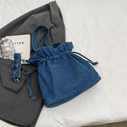 eybag Fashion Denim Women Bucket Shoulder Bag High Capacity Female Crossbody Bags Ruffled Denim Under Arm Bag for Women