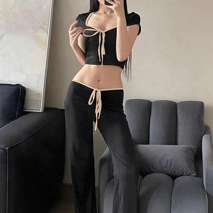 eybag Sexy Top Pants 2 Piece Set Women Summer Short Sleeve Slim Crop Tees + High Waist Flare Trousers Female Fashion Lace-up Outfits