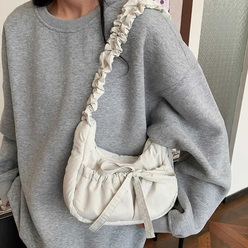 eybag Popular Preppy Style Nylon Bow Hobo Bag Women Cute Pretty Pleated Shoulder Crossbody Bag Drawstring Exquisite Shoulder Bag