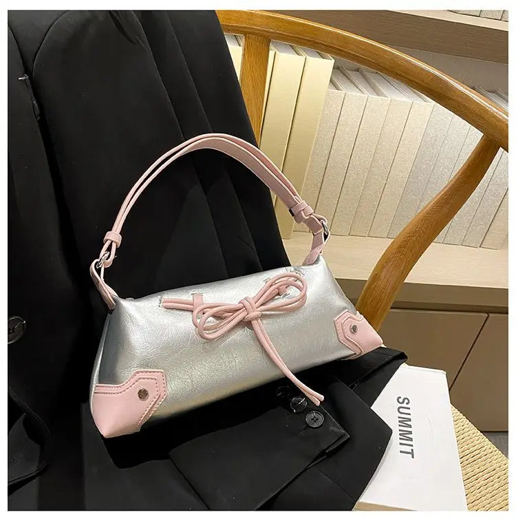 eybag Sweet Cool Bow Y2k Handbag Women Fairy Core Zipper Pu Leather Shoulder Bag Ladies Harajuku Silver Underarm Bags Purse