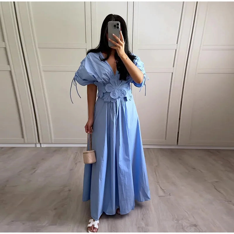 eybag Chic Solid Flower Pleated Lace Up Women Dresses Fashion V-neck Short Sleeve A-line Dress 2024 Summer Female Holiday Robes