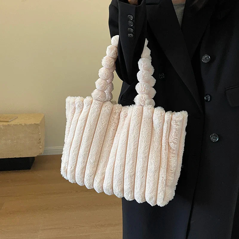 Lkblock Large Capacity Soft Plush Shoulder Bag for Women Winter Fashion Trend Designer Female Handbags Purses Warm Tote Bags