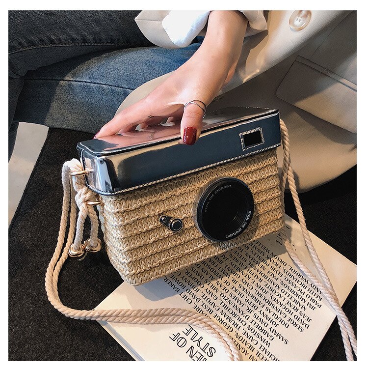 Lkblock Fun Designer Bag 2022 New Women Fashion Camera Straw Woven Handbag Female One Shoulder Bag Crossbody Bag Flap Purse