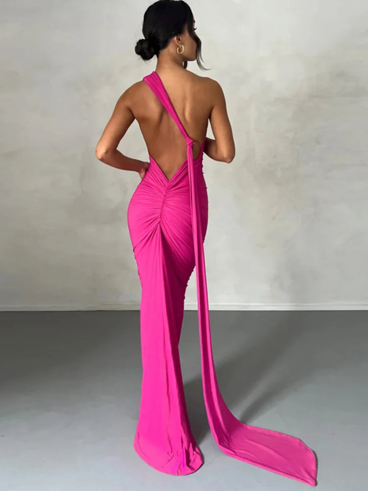 eybag Oblique Shoulder Backless Maxi Dress For Women Gown Summer Back Strap Sleeveless Ruched Party Sexy Long Dress Vestidos