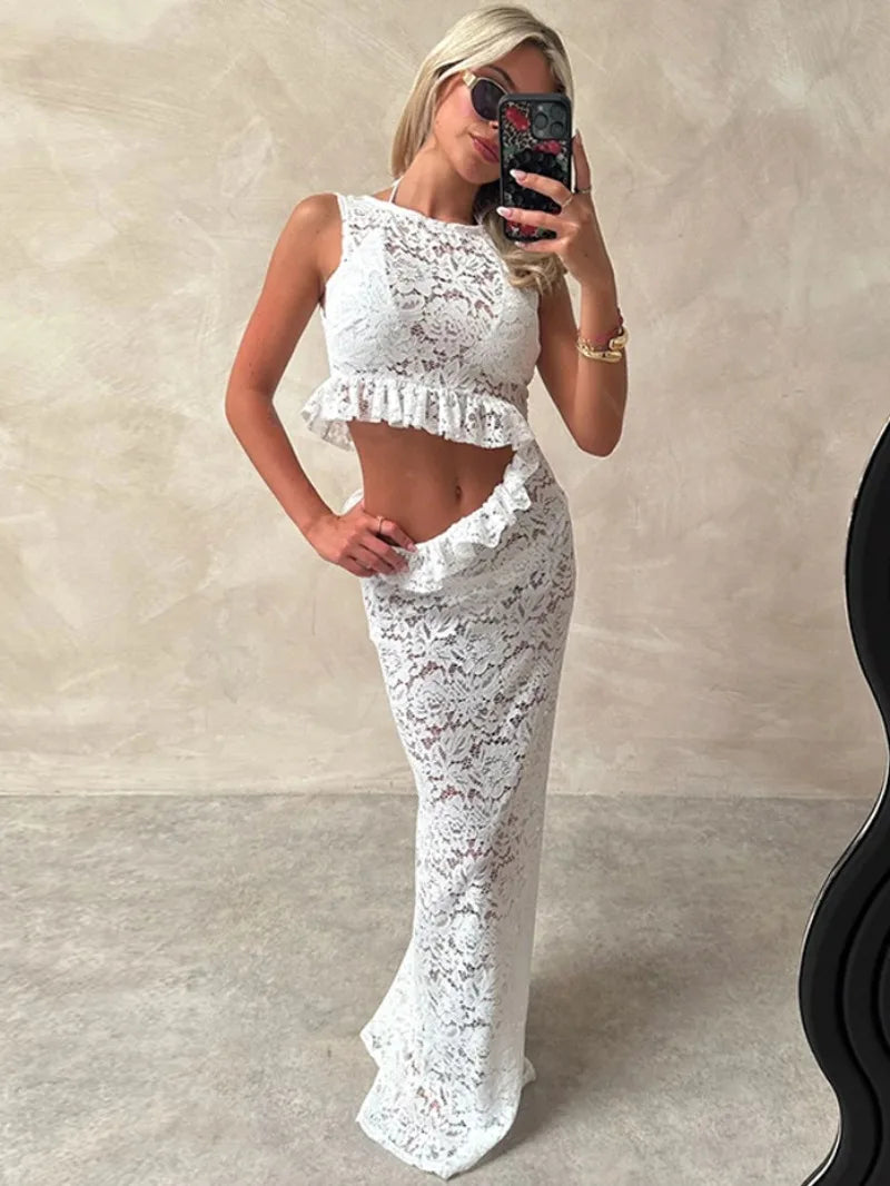 eybag Women's Chic O-neck Sleeveless Cut Out Lace Dress Sexy See-through High Waist Ruffles Bodycon Party Evening Dresses White Black