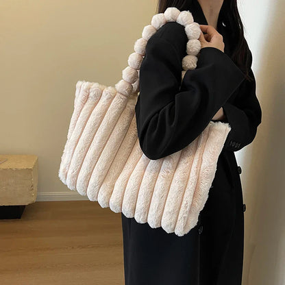 Lkblock Large Capacity Soft Plush Shoulder Bag for Women Winter Fashion Trend Designer Female Handbags Purses Warm Tote Bags