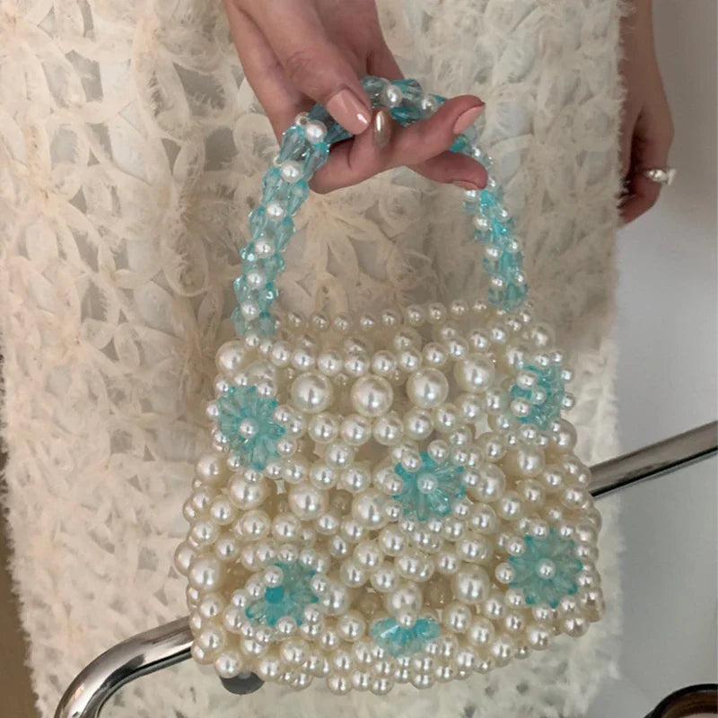 eybag Ins Flower Pearl Hand Bags for Women Portable Cut Lovely Small Handmade Woven Pink Purses Customized Designer Purse