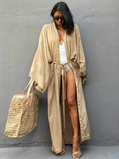 eybag Solid Beach Cover Up Women Self Belted Wrap Kimono Dress Swimsuit 2022 New Robe Summer Beachwear Factory Supply