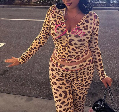 eybag Leopard Print Two Piece Set For Women Hooded Cardigan Top High Waisted Pants Sets Women Slim Sexy Outfit Suit Casual High Street