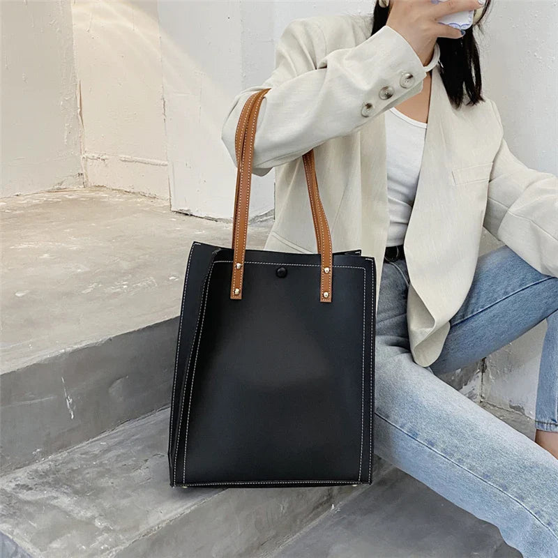 eybag Toptrends 2 Pcs/Set Large Shoulder Tote Bags For Women Trend Designer Shopper PU Leather Ladies Work Handbags Beige Black