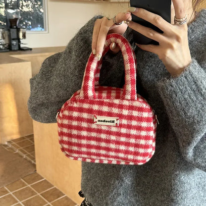 eybag Vintage Cute Handbag for Women Red Plaid Letter Soft Kawaii Crossbody Bag Autumn Winter New Luxury Designers Shoulder Bag