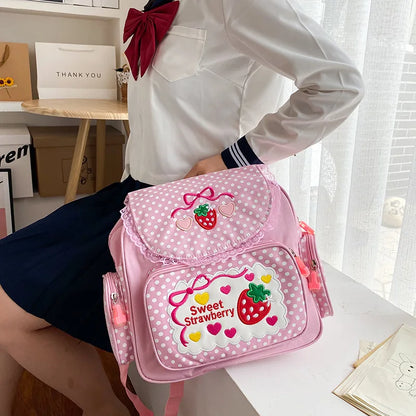 eybag Kawaii Kids School Bag Cute Strawberry Embroidery Dots Student Mochila Multi-Pocket Nylon Fashion Backpack for Teenager Girl