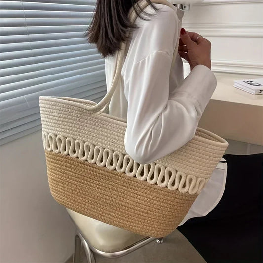 eybag Knitting Kits Fabric Khaki Beach Bag Large Capacity Handmade Straw Summer Holiday Leisure Bag Women Bags Shopping Bags