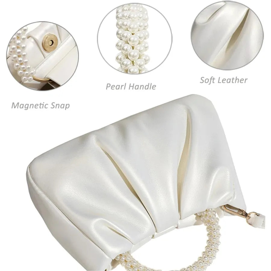 eybag Evening Purse Women Luxury Pearl Handbags Leather Ruched Bridal Clutch For Wedding Party Prom Crossbody Bags Designer Purses